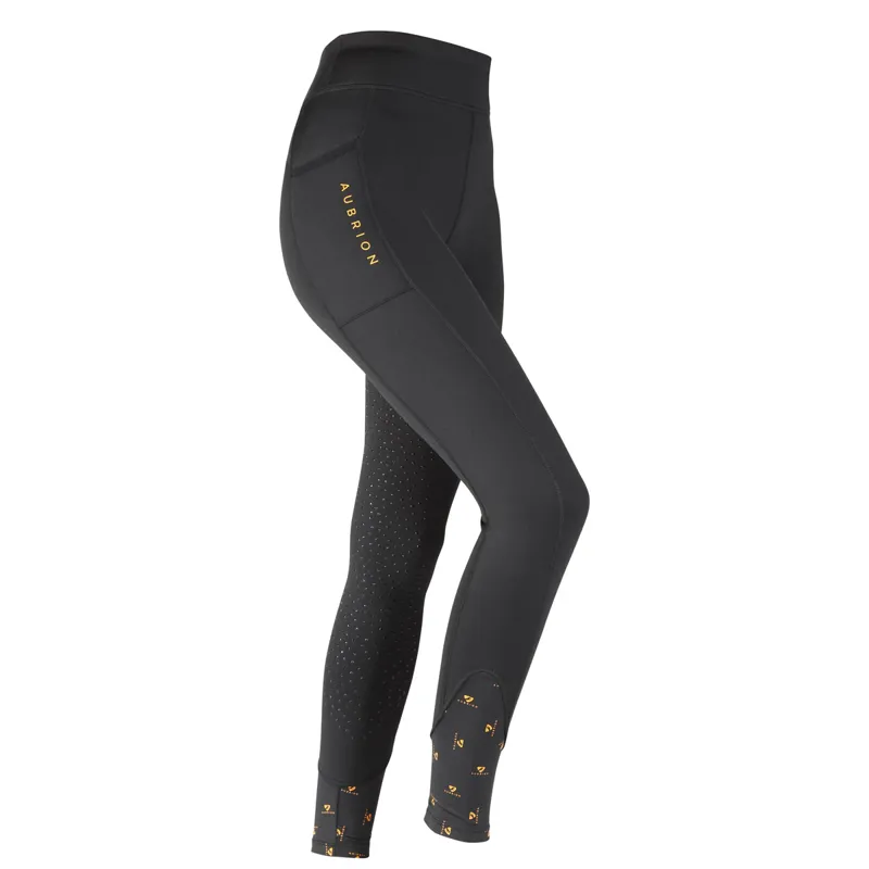 Aubrion Porter Full Grip Junior Girls Winter Riding Tights - Black-1