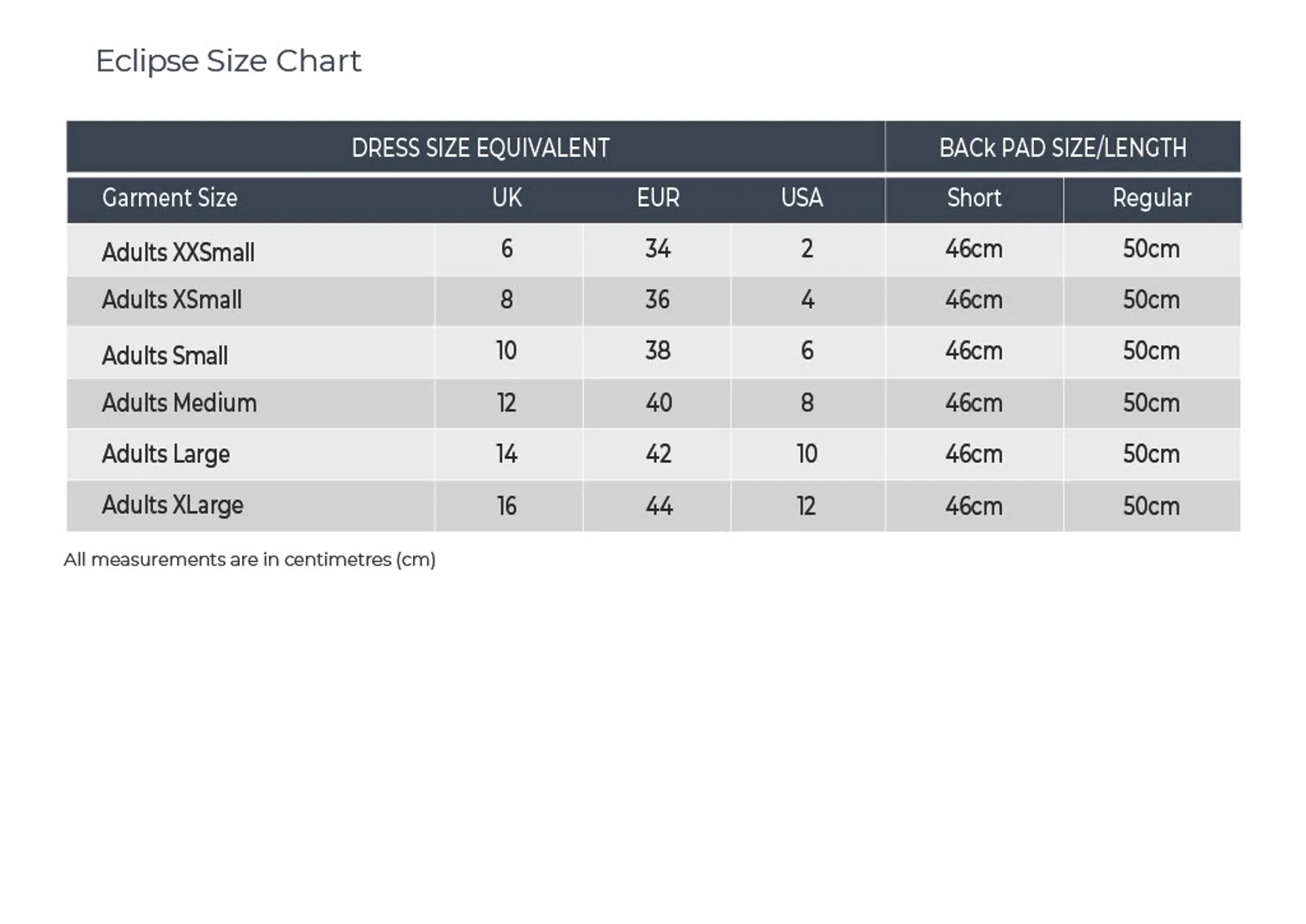 Eclpise Size Chart