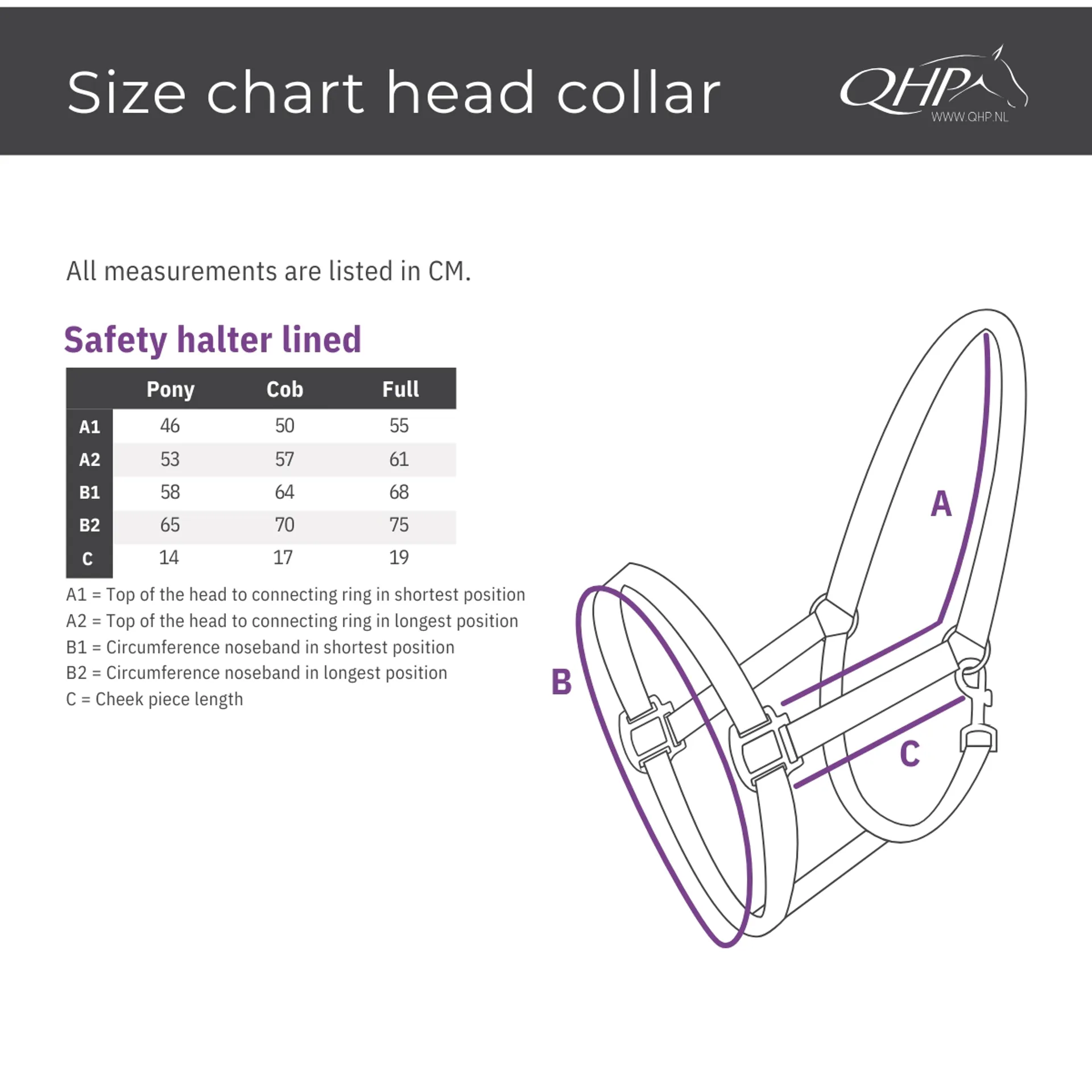 Qhp size guide flecce lined headcollar