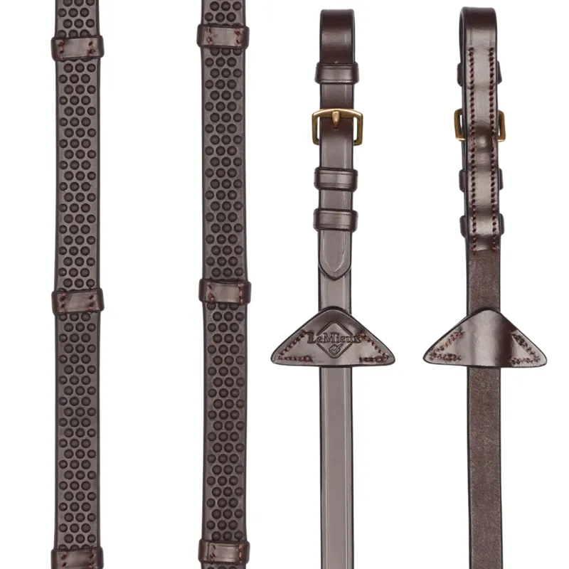 LeMieux Soft Rubber Reins with Stoppers - Havana/ Brass