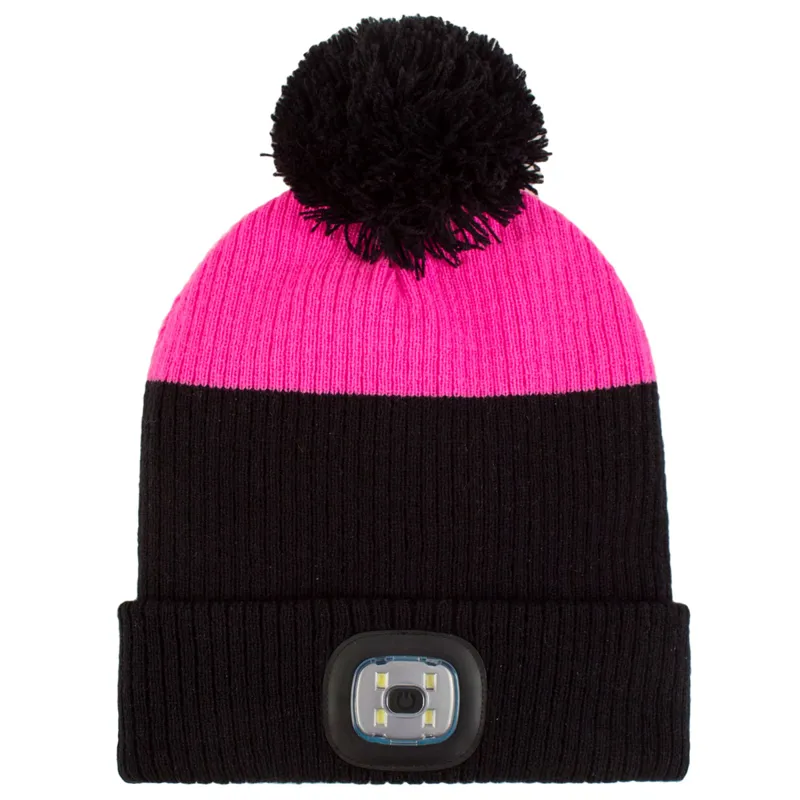 Platinum Mull Ladies Waterproof LED Pom Beanie Hat - Black/Cerise