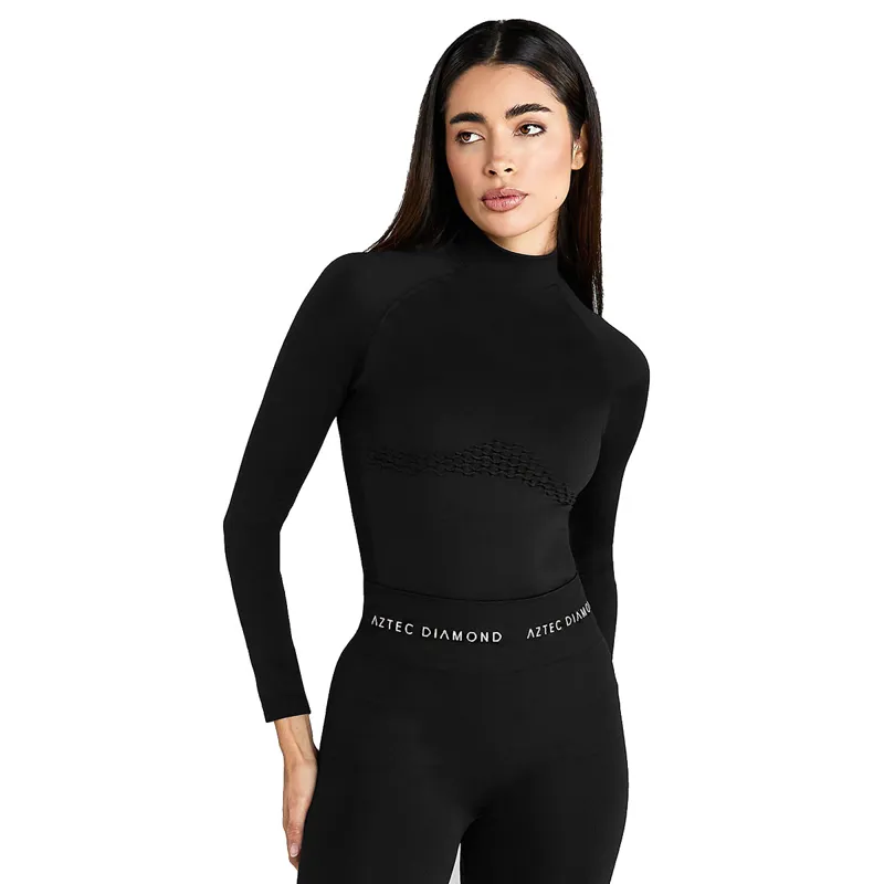 Aztec Diamond Thermal 3D Knit Womens Long Sleeve Top - Black