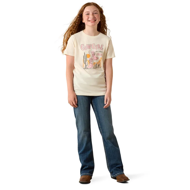 Ariat Junior Girls Western Tee  - Cow Girl Vibes/French Vanilla-3