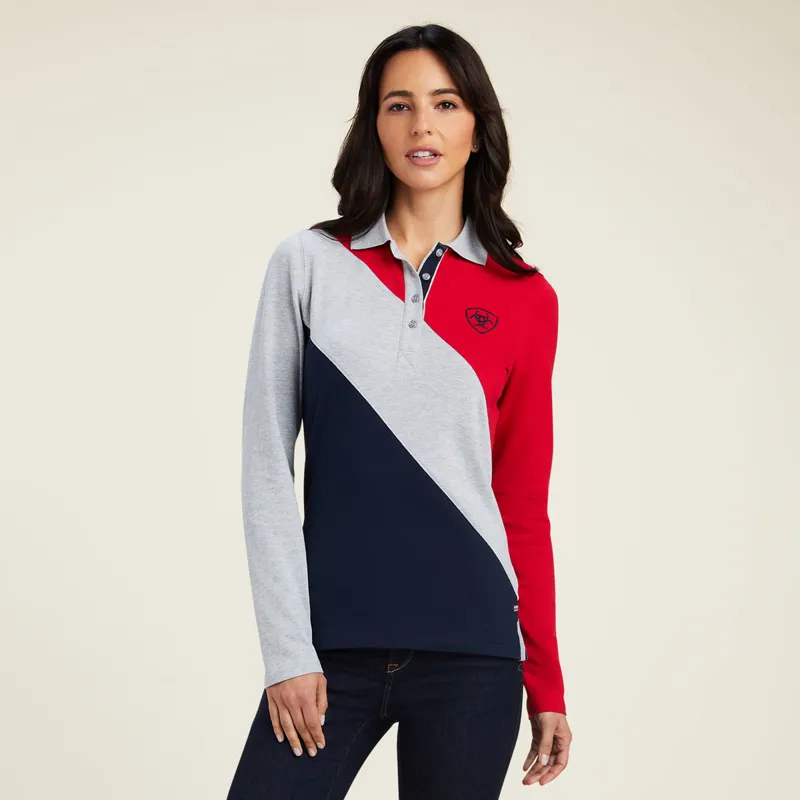 Ariat Taryn Ladies Long Sleeve Polo Shirt - Red/Grey/Navy - X-Small