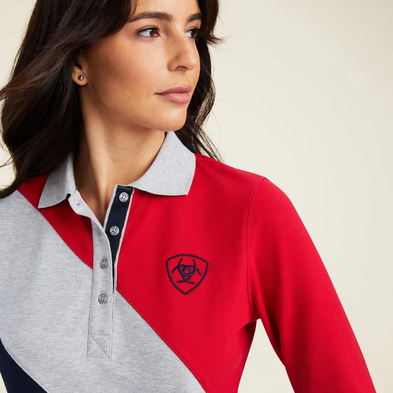 Ariat Taryn Ladies Long Sleeve Polo Shirt - Red/Grey/Navy - X-Small-3