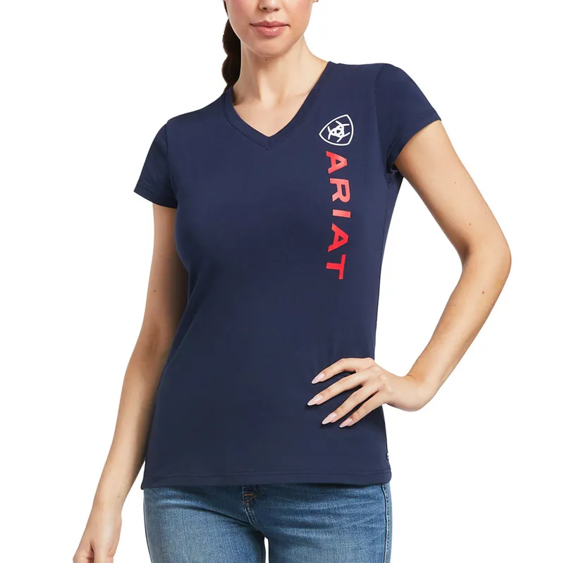 Ariat Vertical Logo Ladies Tee - V1 Navy/Red - X-Small