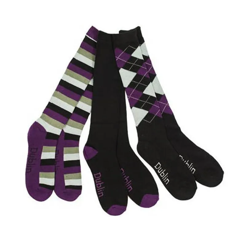 Dublin 3 Pack Tall Riding Socks - Black/Purple/Grey