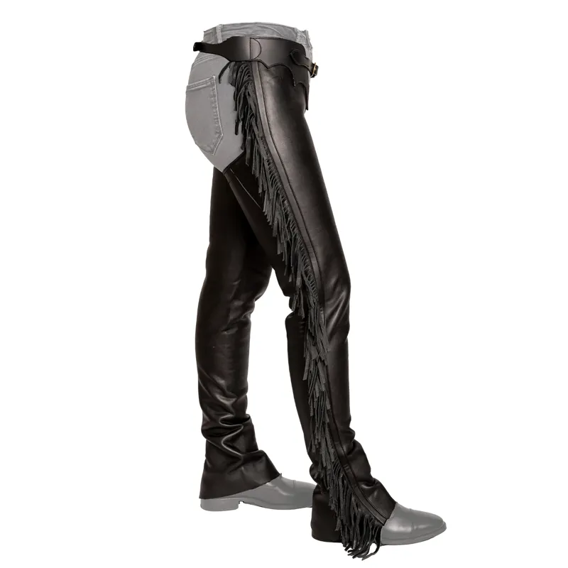 Dy'on Vegan Leather Long Chaps with Fringes - Black-2