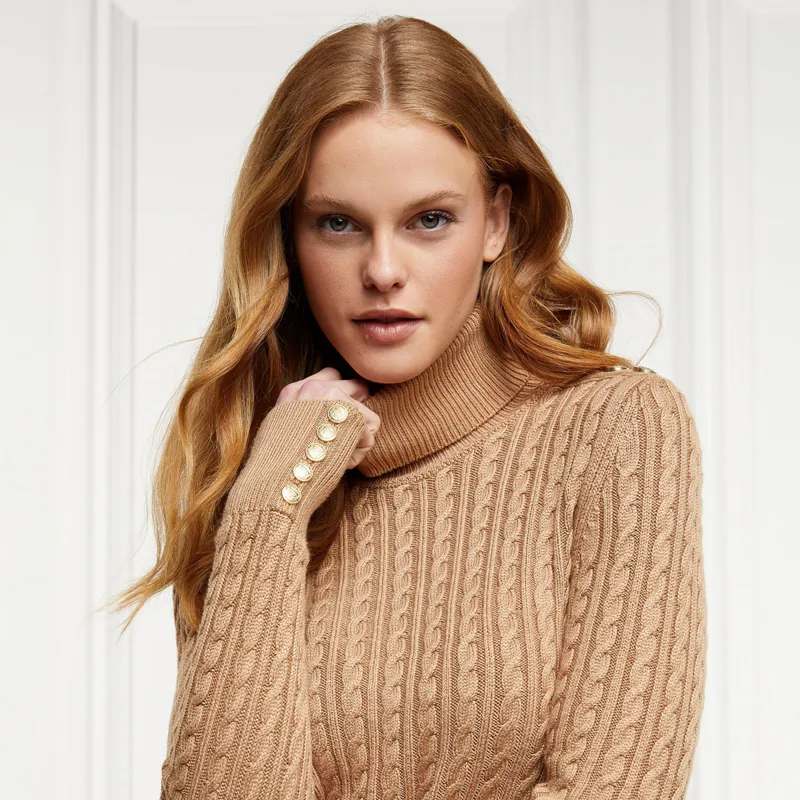 Holland Cooper Seattle Roll Neck Ladies Cable Knit Jumper - Dark Camel-1