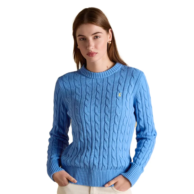 Joules Classic Cable Cotton Womens Crew Neck Jumper - Blue