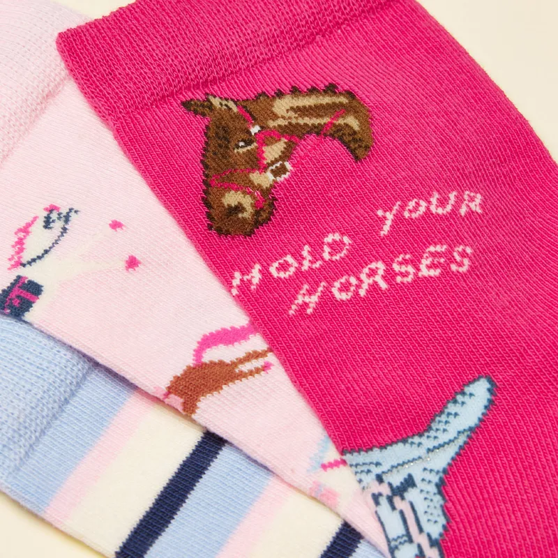 Joules Neat Feet Junior Girls Socks 3 Pack - Hold Your Horses/Pink/Blue-1