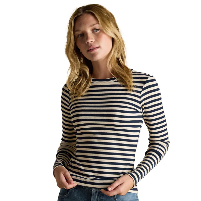 Joules Sophie Womens Ribbed Long Sleeve T-Shirt - Navy/Oatmeal Stripe