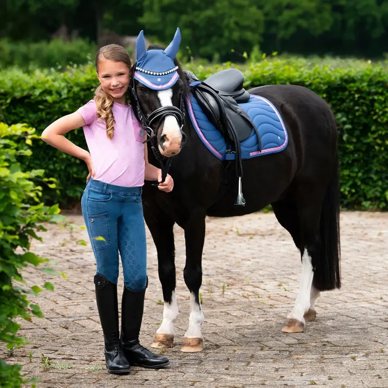 QHP Rosalynn Full Grip Junior Girls  Riding Tights - Denim-3