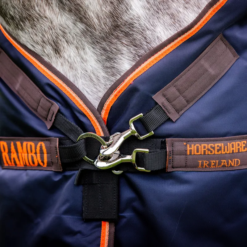 Rambo Original 100g Lite Turnout Rug with Leg Arches - Navy/Orange/Tan-4