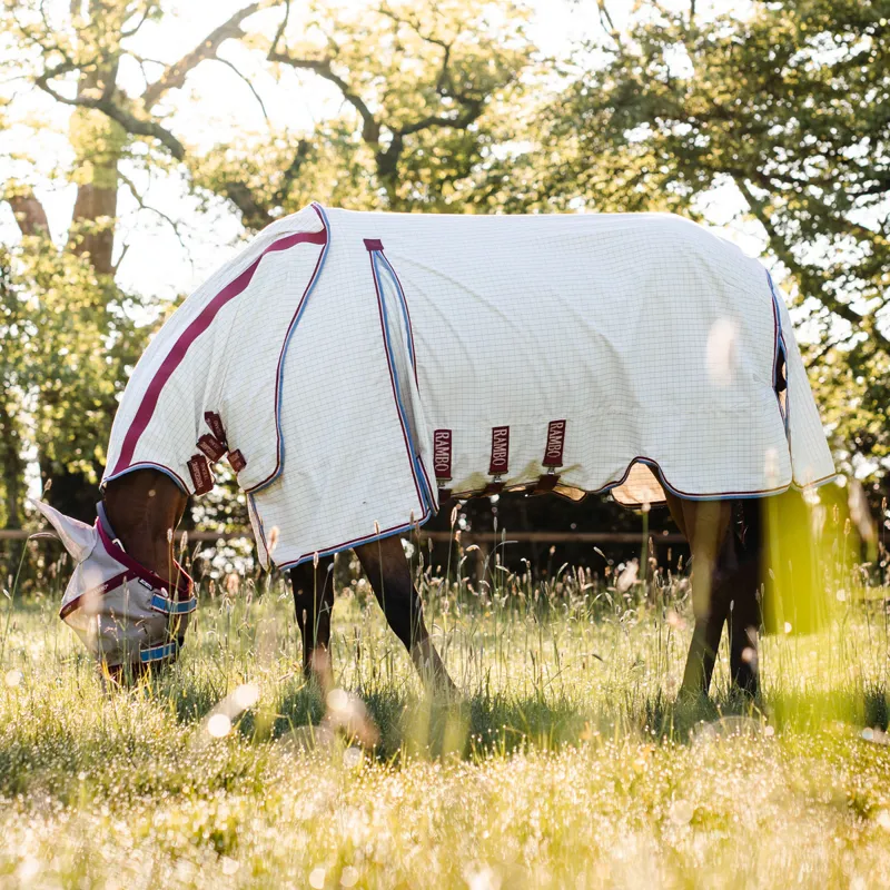 Rambo Optimo Supreme Summer Sheet Fly Rug - Navy Check/Cherry-1